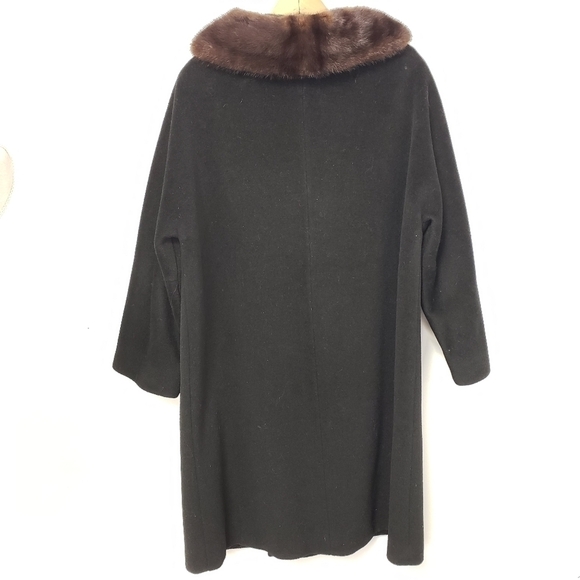 Vtg Townly Wool Dress Coat Mink Fur Collar Black L Satin Lined EUC Mid Century - Picture 2 of 16